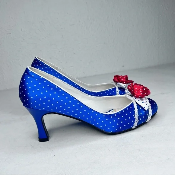 Bettie Page blue polka dot red bow pump - Picture 3 of 10